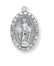 7/8" Miraculous Medal is sterling silver with a beaded edge. Comes on a genuine rhodium-plated, 18" stainless steel chain. Deluxe velour gift box included. Made in the USA