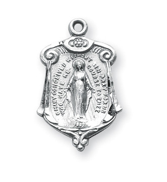 7/8" Miraculous Medal is sterling silver with genuine rhodium-plated, 18" Genuine rhodium plated curb chain. Dimensions: 0.8" x 0.6" (21mm x 14mm). Made in the USA. Deluxe velour gift box included. 