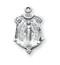 7/8" Miraculous Medal is sterling silver with genuine rhodium-plated, 18" Genuine rhodium plated curb chain. Dimensions: 0.8" x 0.6" (21mm x 14mm). Made in the USA. Deluxe velour gift box included. 