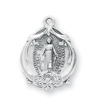 13/16" Miraculous Medal is sterling silver with genuine rhodium-plated, 18" stainless steel chain.  Deluxe gift box included.