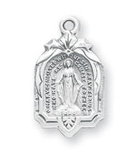 7/8" Miraculous Medal is sterling silver with genuine rhodium-plated 18"stainless steel chain.  Deluxe velour gift box included