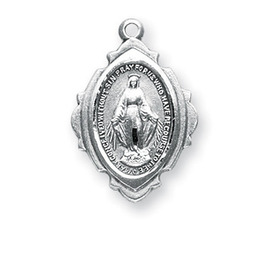 7/8" Miraculous Medal is sterling silver with genuine rhodium-plated, 18" stainless steel chain.  Comes in a deluxe velour gift box