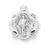 5/8" Miraculous Medal is sterling silver with genuine rhodium-plated 18"stainless steel chain. Deluxe velour gift box included.