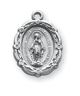 3/4" oval Miraculous Medal is sterling silver with genuine rhodium-plated, 18" stainless steel chain.  Deluxe gift box included