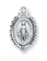 7/8" Miraculous Medal is sterling silver with an 18" Genuine rhodium plated curb chain. Dimensions: 0.9" x 0.5" (22mm x 13mm). Made in USA. Deluxe velvet gift box.