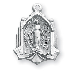 3/4" Miraculous Medal is sterling silver with genuine rhodium-plated, 18" stainless steel chain. Deluxe velour gift box included. 