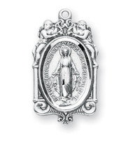 7/8" Miraculous Medal is sterling silver with genuine rhodium-plated, 18" stainless steel chain. Deluxe velour gift box Included.