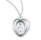 Sterling Silver Miraculous Medal inside Heart.  Miraculous Medal pendant comes on an 18" genuine rhodium plated curb chain.  The medal is a solid .925 sterling silver. Dimensions: 0.8" x 0.7" (21mm x 18mm).   Made in USA.  Deluxe velvet gift box is included.  