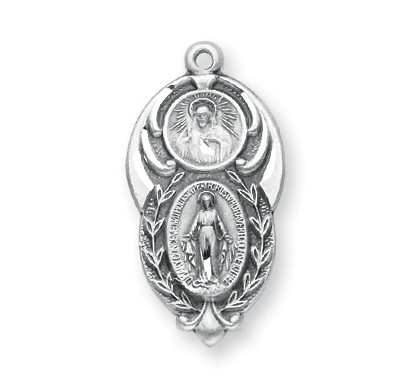 1" Miraculous Medal Scapular Combination with an 18" genuine rhodium-plated, stainless steel chain. Deluxe velour gift box

