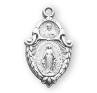7/8" Miraculous Medal with an 18" Chain. Medal is sterling silver with genuine rhodium-plated, stainless steel chain. 
 Deluxe velour gift box