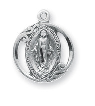1/2" Miraculous Medal is sterling silver with genuine rhodium-plated, 18" stainless steel chain. Also available in Blue enamel, Please make selection.  Deluxe velour gift box included