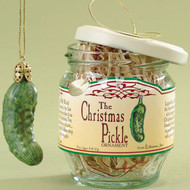 Christmas Pickle in a Jar Ornament 2 Pc set-  Both the jar and pickle come ready-to-hang on a gold cord 
Jar dimensions: 3"H x 2.6" diameter 
Pickle dimensions: 2.4"H x 1.25"W x 0.75"D 
Made out of Resin and Glass