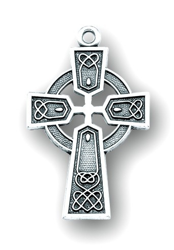 Sterling Silver Celtic Cross. Cross is on a 24" genuine rhodium plated endless curb chain. Dimensions: 1.3" x 0.8" (32mm x 20mm).  Made in USA. Celtic Cross comes in a Deluxe Velour Gift Box.