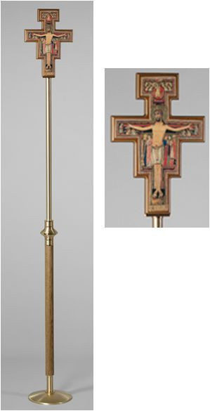 San Damiano Processional Cross
This Processional Cross stands 90" in Height 
Weighs 3.5 lbs, Weighted Base for Stability
Combination Satin and Polished Finish in Medium Oak Stain
Cross Features the San Damiano Cross/Corpus
Matching Sanctuary Appointment Set Available