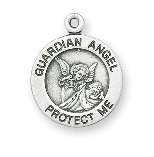 5/8" Sterling silver Guardian Angel medal with a high relief image of the Guardian Angel watching over a child in the solid round pendant. Available in sterling silver or 16K gold over sterling silver. Sterling Silver medal is all sterling silver with a genuine rhodium-plated, stainless steel chain.  Gold plated sterling medal is 16 karat Gold over all sterling silver chain, medal, and clasp. Deluxe velour gift box. Specially sized for a baby or child. 