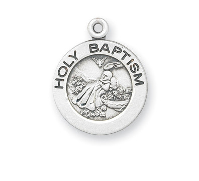 5/8" Baptism Medal. Depicts the Holy Spirit hovering over baby. Available in sterling silver with a with a genuine rhodium-plated, stainless steel 13" chain. Gold plated sterling medal is 14 karat Gold over all sterling silver 13" chain, medal, and clasp. Deluxe velour gift box. Specially sized for a baby or child.  Made in the USA