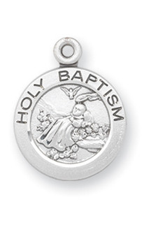 3/4" Sterling Silver or Gold over Silver Holy Baptism round medal-pendant. Dimensions: 0.7" x 0.6" (18mm x 16mm). Weight of medal: 1.6 Grams. Sterling Silver comes with a 13" Genuine rhodium plated curb chain.he Gold over Sterling Silver comes with an 18" Chain.   Gold plated sterling medal is 14 karat Gold over all sterling silver 18". Medal comes in a deluxe velour gift box. Specially sized for a baby or child. Made in the USA. Engraving Available. 