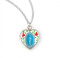 13" Sterling Silver Enameled Heartshaped Miraculous Medal. Enameled oval shaped pendant set inside a white enamel with flowers heart. Medal comes on a 13" genuine rhodium plated curb chain. Dimensions: 0.6" x 0.4" (14mm x 11mm). Weight of medal: 1.0 Grams. Pendant presents in a deluxe velour gift box. Made in USA.