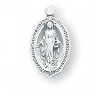 1/2" Miraculous Medal with a 13" Chain. Medal is sterling silver with a genuine rhodium-plated, stainless steel chain. Deluxe velour gift box. Ideal size for a baby or child. Price subject to change