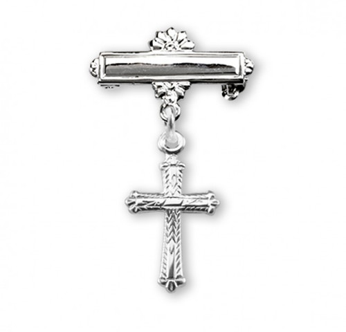 1 1/8" Baby Bar Cross Pin/Pendant. Available in sterling silver or 14 karat gold plated over sterling silver. Sized for a baby and is ideal for baptisms and christenings. Presents in a deluxe velour gift box. Engraving on bar available. Made in the USA
