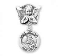Sterling Silver Guardian Angel Baby Bar Pin. "St Michael Pray for Us" around side of medal. Dimensions: 1.1" x 0.5" (30mm x 13mm). Weight of medal: 1.7 Grams.  Can be made into a pendant as child grows older. Deluxe velour gift box included. 