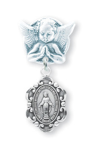 Sterling Silver Oval Fancy Edge Guardian Angel Bar Pin with 1 1/8" Miraculous Medal Angel Medal. Also available with blue or pink enamel Miraculous Medal. Baby Bar Pin comes in a deluxe velour gift box

