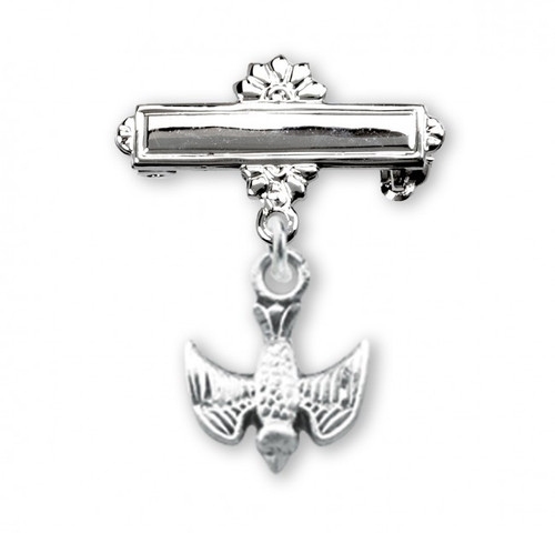 7/8" Sterling silver Holy Spirit Bar Pendant-Pin. Dimensions of medal: 0.9" x 0.7" (22mm x 17mm).   Weight of medal: 0.5 Grams. Bar pin is sized for a baby and comes in a deluxe velour gift box. Engraving on bar available 12 Letters only!