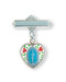 Sterling silver with colored enamel 1" Miraculous Medal Heart Bar Pin. Presents in a deluxe velour gift box. Sized for a baby! Perfect for baby gift or baptism. Engraving on bar available. (****Note:  Bar is not blue, color is distorted)