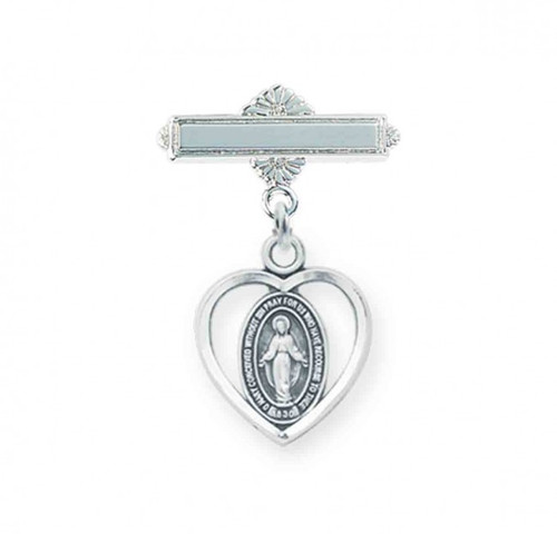 1" Miraculous Medal Heart Baby Bar Pin. Sterling silver Miraculous Medal/Pendant. Sized for baby. Perfect gift for baptism gift! Engraving on bar available. Presents in a deluxe gift box. 