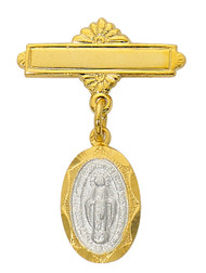 TuTone Gold and Sterling Silver Miraculous Medal Bar Pin/Pendant.  Bar pin comes in a deluxe velour gift box and is made in the USA.  Engraving on bar available

 