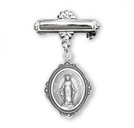 Solid .925 Sterling Silver Miraculous Medal Baby Bar Pin.  Dimensions: 0.9" x 0.4" (23mm x 11mm). Weight of medal: 0.8 Grams. Presents in a deluxe velour gift box. Engraving on bar available.  12 letter maximum. Made in the US
