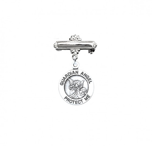 1 3/16" Guardian Angel Baby Bar Pin. The guardian Angel Baby Bar Pin is available in .925 sterling silver or 16k Gold over solid .925 sterling silver.  Dimensions: 1.1" x 0.6" (29mm x 15mm). Weight of medal: 1.7 Grams. Sized for a baby, ideal for baptisms and christenings. Guardian Angel Bar Pin comes in a deluxe velour gift box. Engraving on bar available. Made in USA.

 