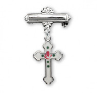 Rosebud white enameled flower cross pendant - bar pin. Solid .925 sterling silver pendant.  Sized for a baby, ideal for baptisms and christenings. Dimensions: 1.2" x 0.7" (31mm x 17mm). Weight of medal : 0.8 Grams. Made in USA. Deluxe velvet gift box. Engraving on bar available