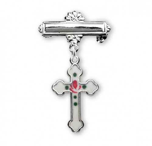 Rosebud white enameled flower cross pendant - bar pin. Solid .925 sterling silver pendant.  Sized for a baby, ideal for baptisms and christenings. Dimensions: 1.2" x 0.7" (31mm x 17mm). Weight of medal : 0.8 Grams. Made in USA. Deluxe velvet gift box. Engraving on bar available