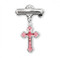 Rosebud pink enameled flower cross pendant - bar pin. Solid .925 sterling silver pendant.  Sized for a baby, ideal for baptisms and christenings. Dimensions: 1.2" x 0.7" (31mm x 17mm). Weight of medal : 0.8 Grams. Made in USA. Deluxe velvet gift box. Engraving on bar available