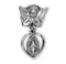 1 1/16" Sterling silver Miraculous Medal in a Heart Angel Pin. Sized for a baby, ideal for baptisms and christenings. Comes in a Deluxe velour gift box. Dimensions: 1.0" x 0.5" (25mm x 13mm). Made in the USA.  
