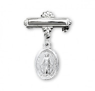 Silver ~ Miraculous Medal Bar Pin ~ 1". Sterling silver. Deluxe velour gift box. Sized for a baby, ideal for baptisms and christenings. Engraving on bar available. 