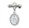 Fancy Edged Sterling Silver Miraculous Medal Baby Bar Pin-Pendnat. Baby Bar Pin/Pendant comes inSterling Silver or Sterling Silver with pink or blue enameled Miraculous Medal. Dimensions: 1.1" x 0.7"(28mm x 17mm). Weight : 1.3 Grams.  Bar pin presents in a deluxe velour gift box. Miraculous Medal Bar Pin/Pendant is sized for a baby.  Engraving on bar available. Made in the USA