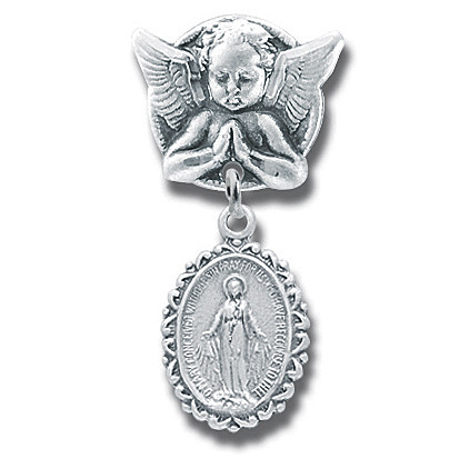 Solid .925 sterling silver double sided Miraculous Medal on a Guardian Angel pin.  Available in Sterling Silver, Sterling Silver with Blue Enameled Miraculous Medal or Sterling Silver with Pink Enameled Miraculous Medal.   Miraculous Medal Angel Pin's dimensions are: 1.1" x 0.5" (29mm x 13mm).  Weight of medal: 1.3 Grams. Deluxe velour gift box is included.  Made in USA.