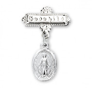 Godchild Miraculous Medal Bar Pin.   Sterling Silver Baby Bar with Miraculous Medal has the word  Godchild engraved on bar. Also available in blue and pink enamel. Dimensions: 0.9" x 0.7" (24mm x 18mm). Weight of medal: 3.6 Grams. Made in USA. Deluxe velvet gift box is included.