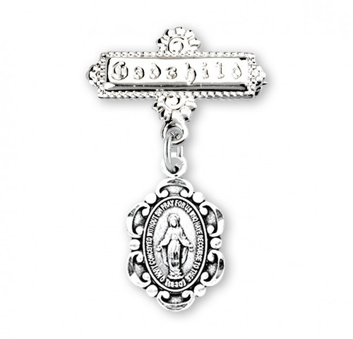 Godchild Miraculous Medal Bar Pin ~ 1 3/16". Fancy Edged Miraculous Medal is made of a solid 0.925 Sterling Silver.  The Bar Pin has the word "Godchild" engraved on bar. Dimensions: 1.0" x 0.7"(26mm x 18mm). Weight of medal: 0.7 Grams. Deluxe velour gift box is included.  Made in the USA

 