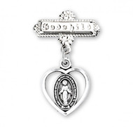 Sterling Silver Pierced Heart Baby Miraculous Medal on a Godchild Pin. Miraculous Medal heart pendant-godchild pin.  Solid .925 sterling silver double sided pendant. The word "Godchild" is engraved in the bar pin. Dimensions: 1.0" x 0.7"(26mm x 18mm). Weight of medal: 3.6 Grams. Made in USA.


