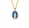 Gold over Sterling Silver Dark Blue Cameo Miraculous Medal made in Italy of bas-relief blue and white Capodimonte porcelain. Encased in a 1-3/4" sterling silver Italian (filigree beaded) frame with a bale for an 24" Rhodium plated curb chain in a deluxe velour gift box.Porcelain bas-relief Capodimonte Cameos are created with a white opaque, bas-relief bisque onto a previously colored jasperware base, and then firing it in one piece at temperatures of up to 1200 C. This age-old technique is known as “del-l’ingobbio” which was first developed by the Egyptians more than 3,000 years ago. After the finest pieces have been selected, they are then hand finished with a fine chisel. Then they are adorned with Sterling Silver frames which are meticulously hand-made in Italy by skilled silversmiths. Limited Lifetime Guarantee from defects in material and workmanship.