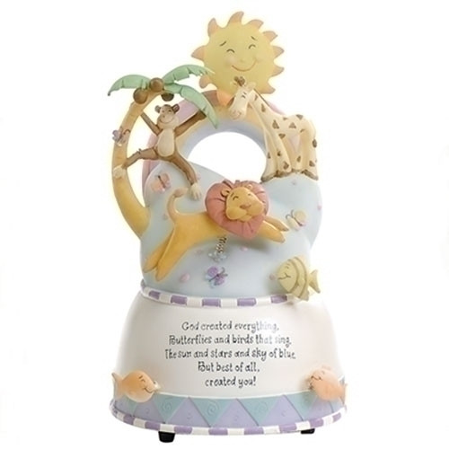 7" God Created Everything Musical Figurine. Plays "You are My Sunshine". Dimensions:7"H X 4.5"W X 4.5"D. Resin/stone mix. Gift Boxed