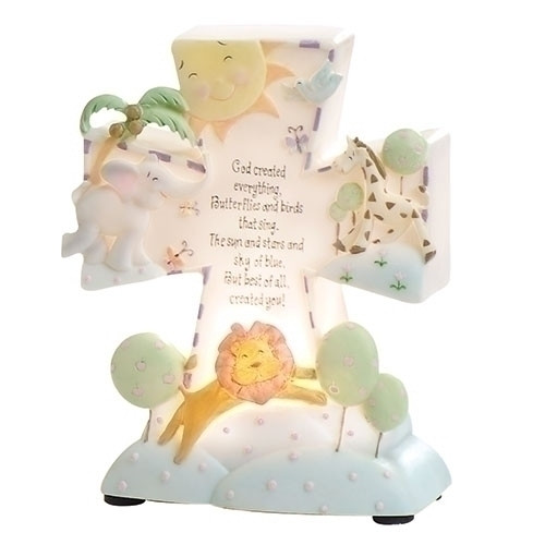 God Created Everything Night Light.  The God Created Everything Night Light dimensions are: 6.5"H X 5.5"W X 2.25"D. The Night Light is made of a resin/stone mix.  The God Created Everything Night Light comes gift boxed.
