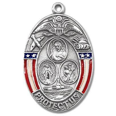 13/16" 3-Way Military Medal with a 24" Chain. Medal is all sterling silver with a genuine rhodium-plated, stainless steel chain. The medal features a red, white, and blue epoxy embellishments on the front, along with images of the Miraculous medal, Sacred Heart medal and St. Christopher. On the reverse side is St. Michael the Archangel and Blessed Mother images along with a space for a name to be engraved. Deluxe velour gift box. 