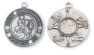 Saint Christopher Military Medal with a 24" Chain. Medal is all sterling silver with a 24" genuine rhodium plated endless curb chain. All branches of the military are represented on the back of the medal. Dimensions: 1.1" x 0.9" (28mm x 14mm).  Medal comes in a deluxe velour gift box

