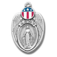 Army red, white, and blue, enameled Miraculous medal-pendant.   Solid .925 sterling silver Army red, white, and blue, enameled Miraculous medal-pendant comes with a 24" genuine rhodium plated endless curb chain. The medal features red white and blue epoxy embellishments. Deluxe velour gift box is included. Dimensions: 1.2" x 0.8" (31mm x 20mm). Weight of medal: 6.1 Grams. Made in USA..