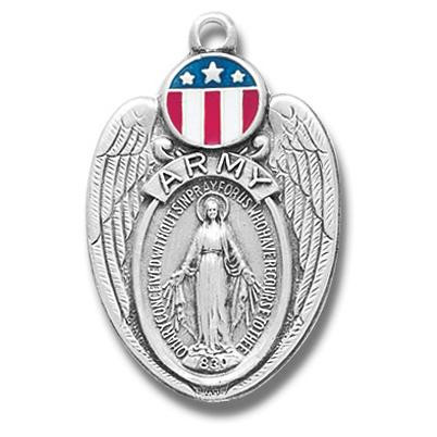 Army red, white, and blue, enameled Miraculous medal-pendant.   Solid .925 sterling silver Army red, white, and blue, enameled Miraculous medal-pendant comes with a 24" genuine rhodium plated endless curb chain. The medal features red white and blue epoxy embellishments. Deluxe velour gift box is included. Dimensions: 1.2" x 0.8" (31mm x 20mm). Weight of medal: 6.1 Grams. Made in USA..