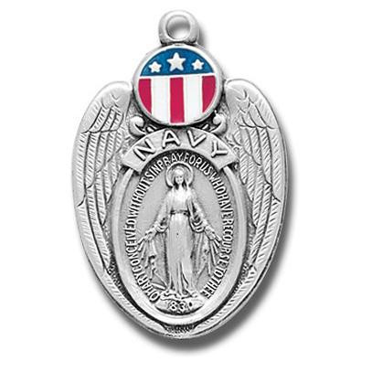 1 1/4" Navy Miraculous Medal with a 24" Chain. Medal is all sterling silver with a genuine rhodium-plated, stainless steel chain. The medal features red white and blue epoxy embellishments. Medal comes in a deluxe velour gift box

